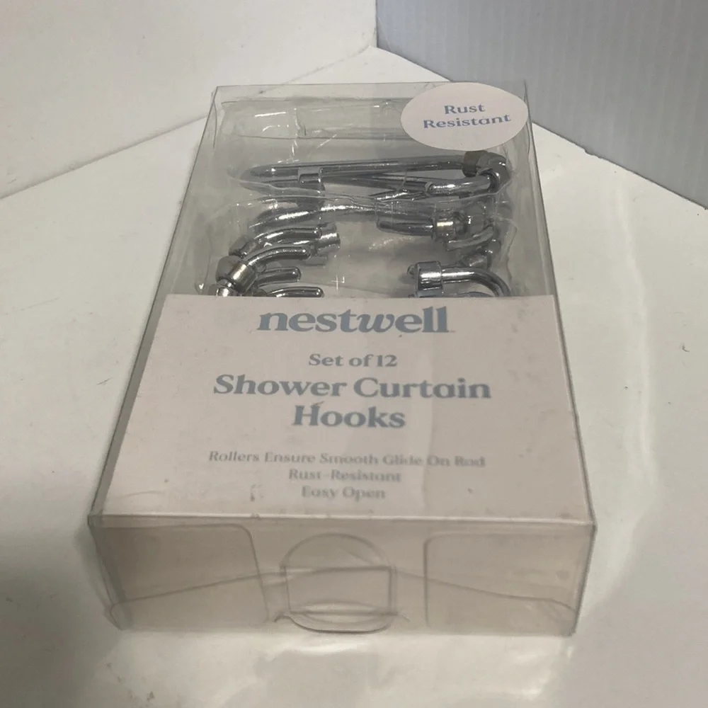 NESTWELL Silver Shower Curtain Hooks with Rollers Full Closure Set of 12